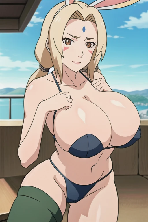 alone focus, alone, close, View your viewers,((In underwear)),long knee high boots,((tsunade)), 1 person,((tsunade milf physique)),(Forehead mark ), high twintails,blondes, eye, smile, from the front,Huge breasts,Thick thighs,((Sharp details High resolution body parts Perfect body parts )),(((Blushing,Red face))),(Sad expression),((1 person)),(alone), (In underwear), ((Front view)),((fall on one's back))Beautiful white skin with a pinkish tint,4K,8k,16K, Look at this,Textured skin, camel toe, fall on your back, Embarrassed face, rabbit ears, ((Finishing the drink)), hold the stick between your chest, be defeated,Subjective,Open your mouth,スリムボディ