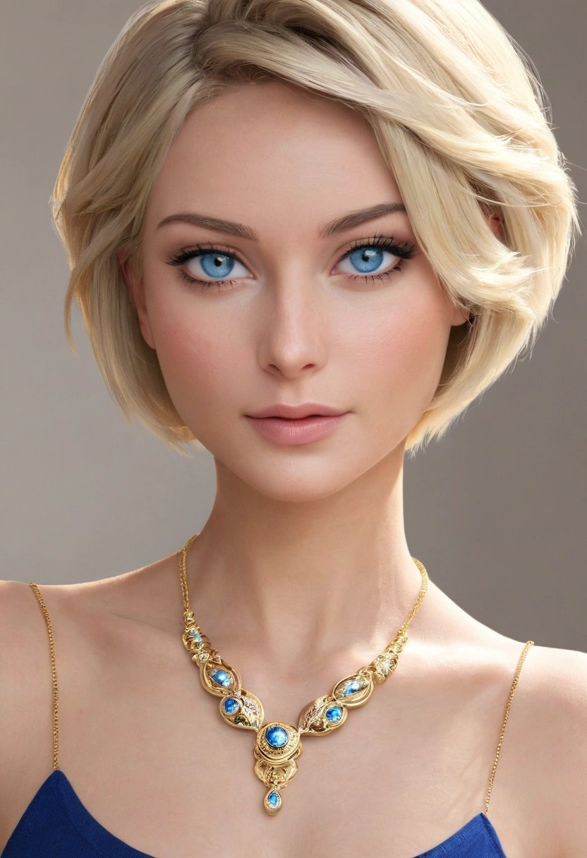 a beautiful woman perfect face blonde blue eyes short hair gold necklace 