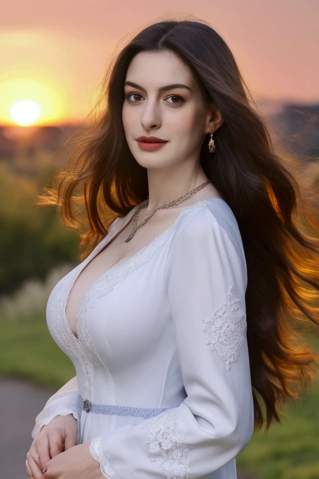 (8k, RAW Photos, Highest quality, masterpiece: 1.2)、Very detailed、Super Resolution、Old skinny mother, city, whole body, Large breasts,necklace hipnotizado, necklace, middle ages, Lace white clothes,Dressed up,透けた服 Dressed up medieval, Slate Long Hair Sunset,Large areola,Emphasize the chest,Face forward