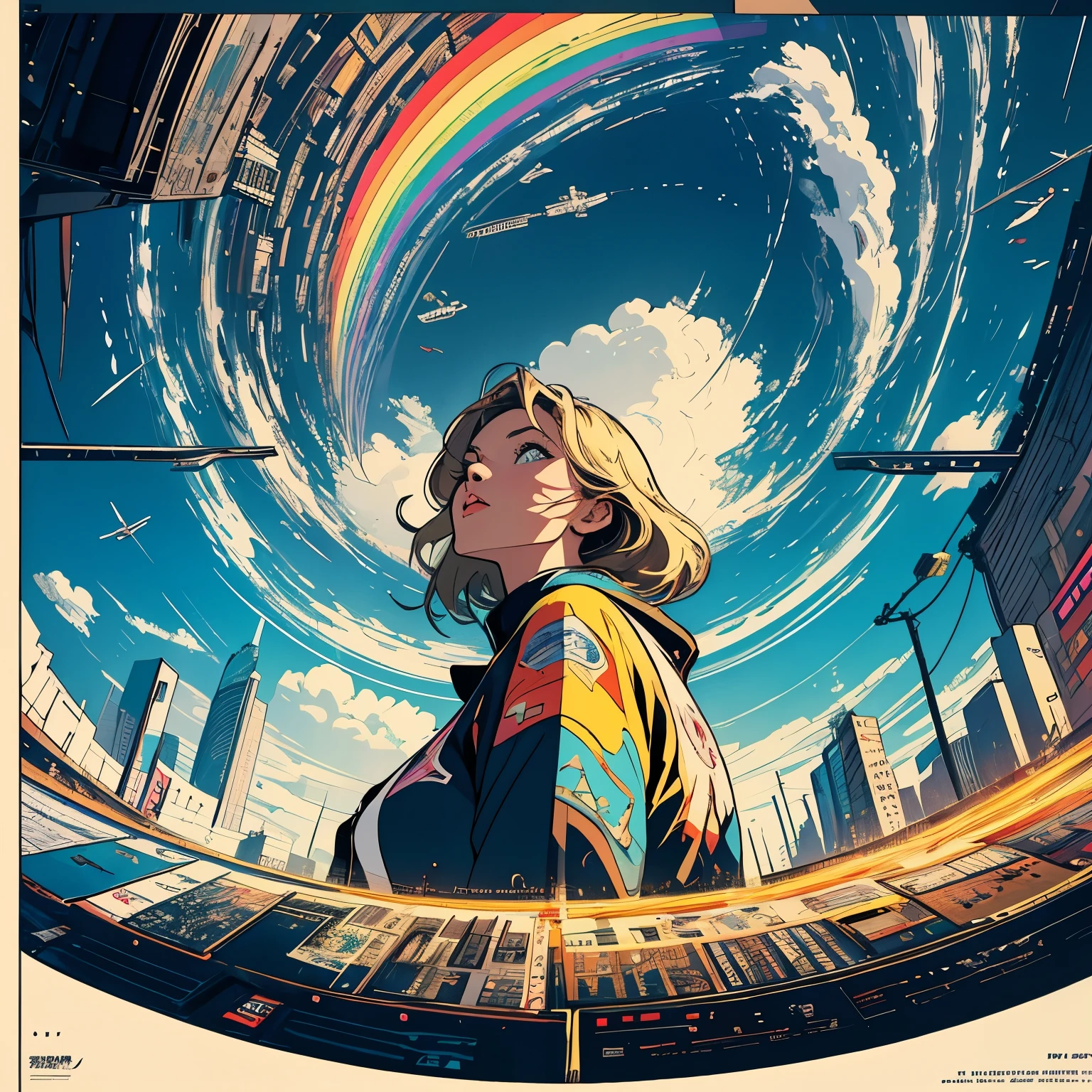 (masterpiece, Highest quality), 32K,(Highly detailed beautiful woman), Poster,sf,1960s,1970s,Bauhaus, shape, got it, Abstract, Advertising,movie Poster, Vintage,Retro,Futuristic,anime,The ultimate map,Perfect rainbow,highlight,Angle from below, Blonde,