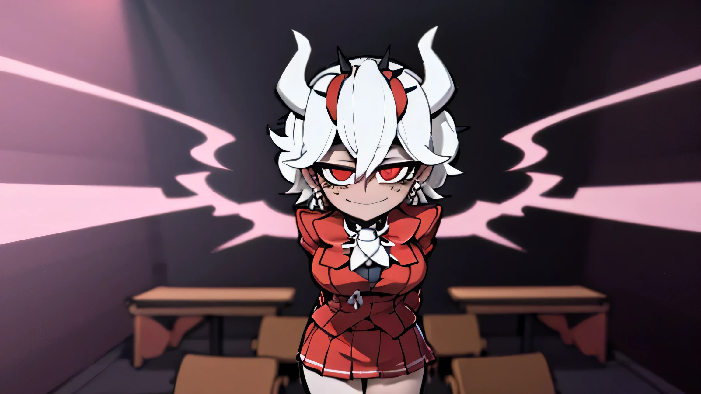 beelzebub(helltaker), red bowtie,1girl, looking at viewer, red eyes, demon horns, white hair, smile, earrings, closed mouth, demon girl, 
red gloves, gloves, jewelry, horns, white horns, solo, hair between eyes, cowboy shot, solo, short hair, school uniform, skirt, standing, leaning forward, arms behind back, smile, classroom