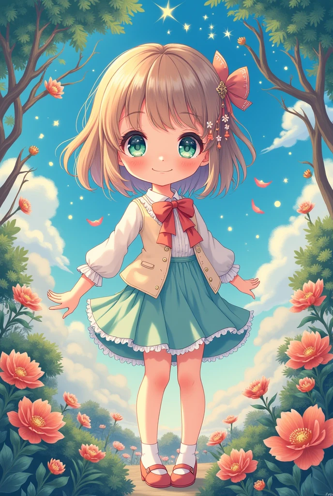 Create a very beautiful and cute anime in a square