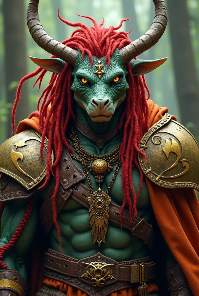 You can make a Red-haired dragonborn character who is with reggae-style dreadlocks on his head., with yellow eyes, in paladin costume