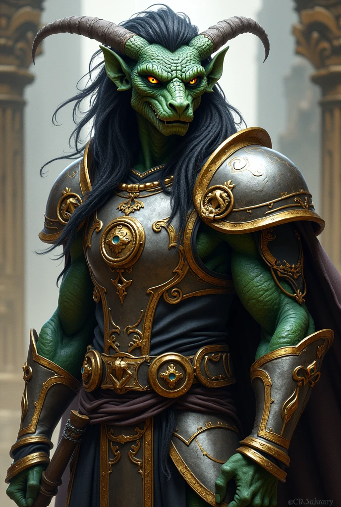 Draw a male DnD paladin character, young, of draconid race, with a red scale color, yellow eyes and black dreadlocks in his long hair. The appearance of his face is that of a dragon and he wears armor..