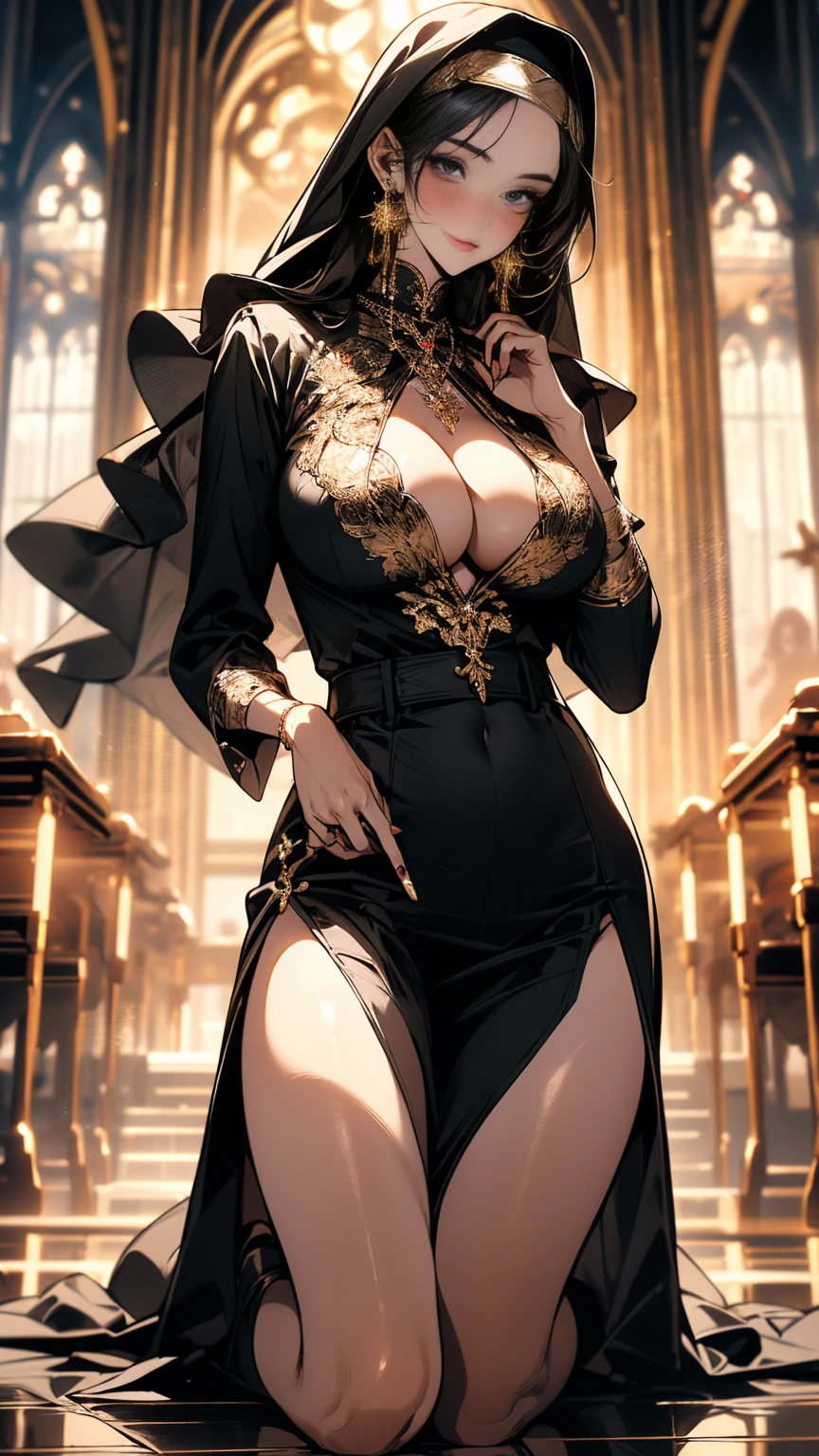 (Ultra high resolution, 8K RAW photo, photo realistic, thin outline), (cinematic lighting, textile shading), (nun hijab with gold accessories:1.3, gold cross ornaments), (huge , sagging breast, breast cleav1girl, woman, milf:1.2)), rs old, (breasrtain:1.3, long tight skirt side slit), matured Saint praying in front of altar inh, hands on together in front of your chest, kneeling, full bodyesbian, wearing religious uniform, blush, in heat, shamed, looking at viewers, black hair, at night, Clothes that show the lines of the body, (dynamic angle, from center below), spiritual, black mask