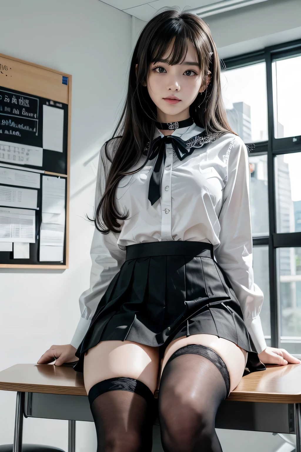 , School girl, white and black uniform, white and black skirt, black lace choker, white lace thigh highs, looking at viewer, class room background, sitting on desk, seductive, dark eyeliner, sexy eyeliner,