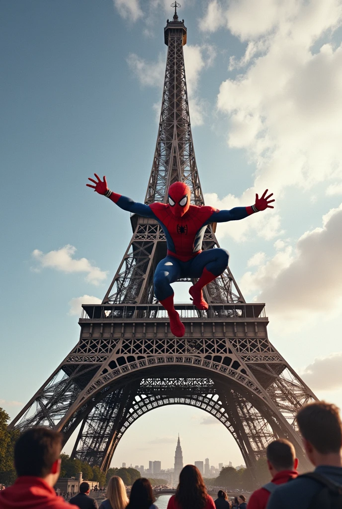 Spiderman lifting the Eiffel Tower 