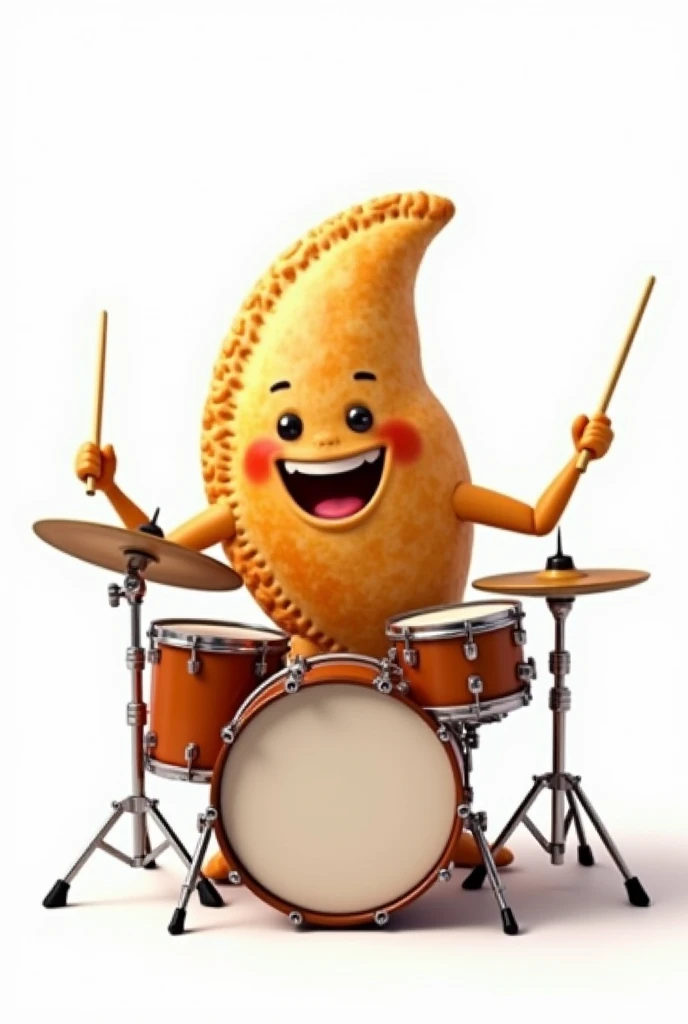 An empanada playing drums on a white background