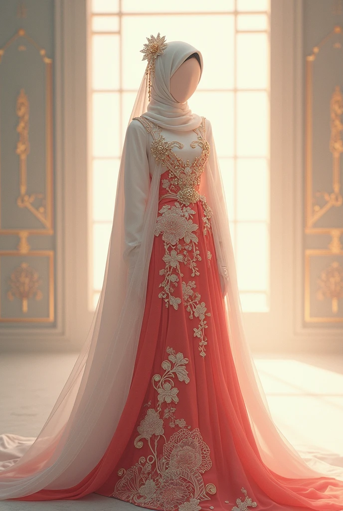 Muslim wedding with Chinese traditional wedding dress hijab, without face, eyeless, gaya anime