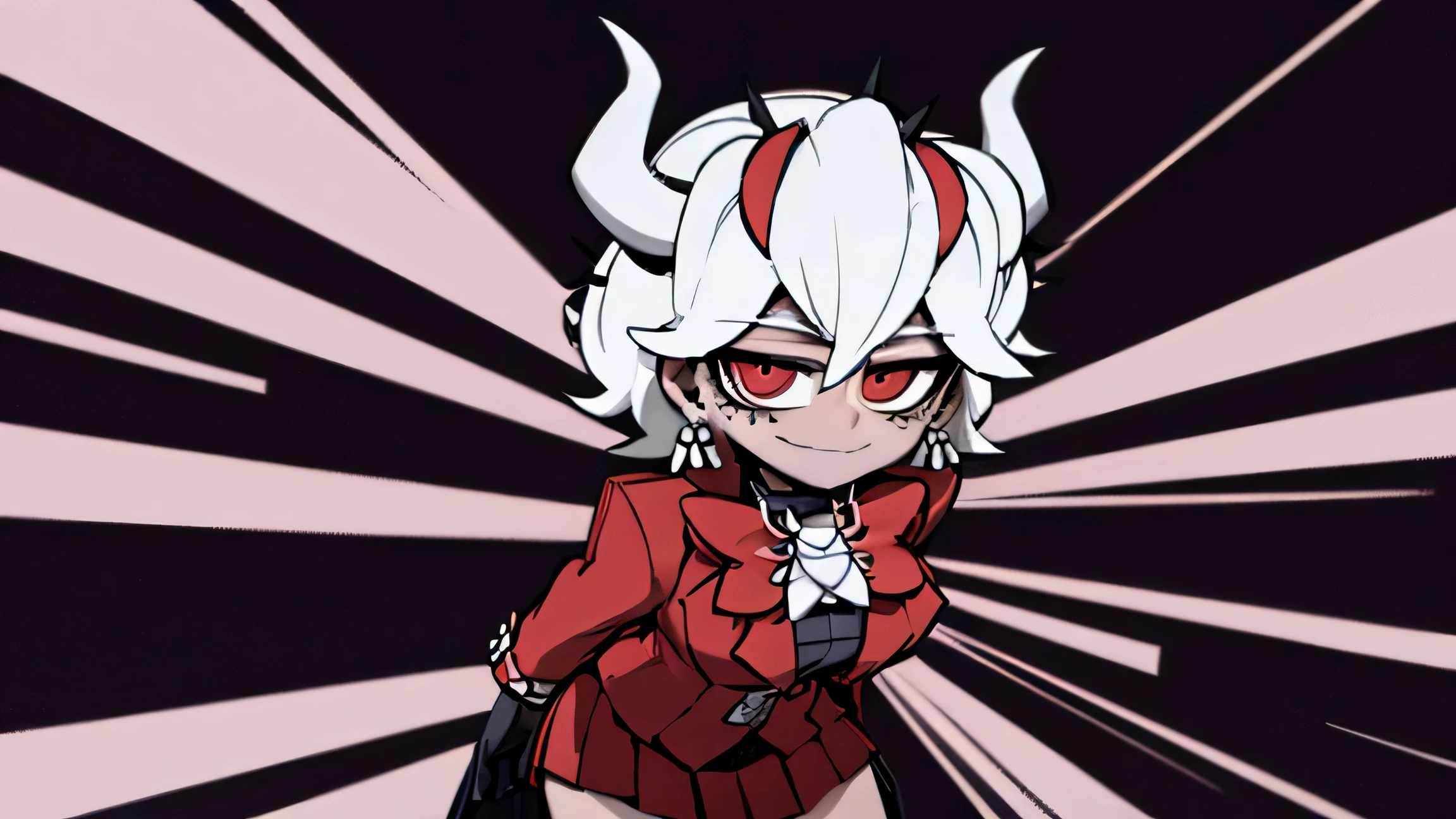 beelzebub(helltaker), red bowtie,1girl, looking at viewer, red eyes, demon horns, white hair, smile, earrings, closed mouth, demon girl, 
red gloves, gloves, jewelry, horns, white horns, solo, hair between eyes, cowboy shot, solo, short hair, school uniform, skirt, standing, leaning forward, arms behind back, smile, classroom