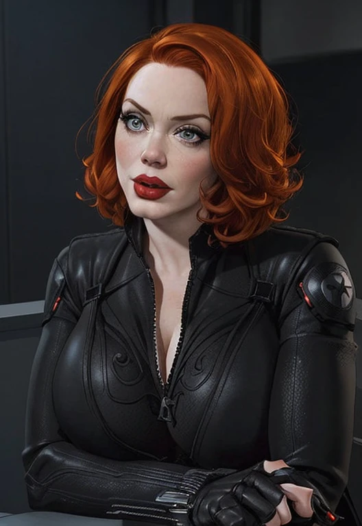 Christina Hendricks as the character Natasha Romanoff/Black Widow from the Marvel Cinematic Universe, about 4, pale skin, short wavy hairstyle, orange hair color, mascara, red lipstick, big breasts. In tight black leather suit, cleavage, huge bust, fingerless gloves, Mysterious spy, member of the Avengers, 4k rendering, MCU character, epic Avengers character art
