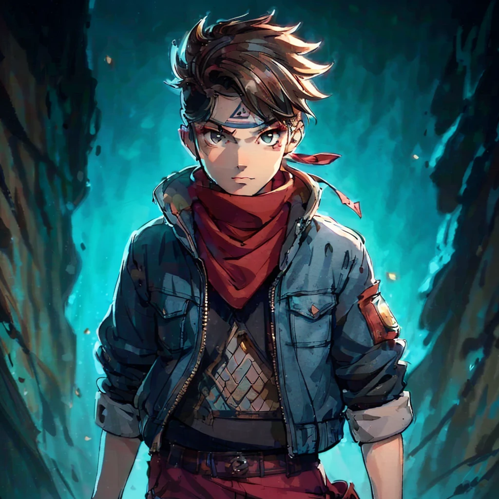 A young ninja with a konoha bandana around his neck, wearing a jeans jacket and dark red pants. He has short brown hair and brown eyes. Use top trending references from DeviantArt and ArtStation for comics, anime, and ninja animations. The background is dark with rock shadows and turquoise backlighting.