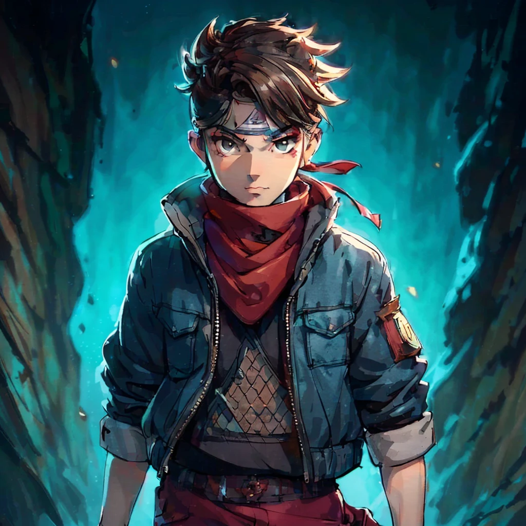 A young ninja with a konoha bandana around his neck, wearing a jeans jacket and dark red pants. He has short brown hair and brown eyes. Use top trending references from DeviantArt and ArtStation for comics, anime, and ninja animations. The background is dark with rock shadows and turquoise backlighting.