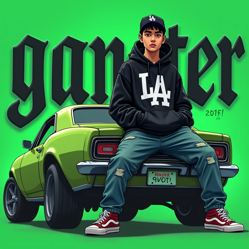 Image of a man sitting on the bonnet of a car, Yoshihiko Wada&#39;s album cover, winner of the behance contest, Doodle, official artwork, rap album cover, hip - hop album art cover, colored album art, hip hop music album cover, rap album cover art, official fanart, GTA Cover, hip hop album cover, album art cover, G-FUNK Hip Hop album cover, green background, green car, with the words 'gangster' on the back of the picture, an Asian ager wearing a black LA hoodie, a black LA ball cap with a deep press and a wide pair of jeans down, a troublemaker boy sits on the bonnet of a car and lets the car out to the side