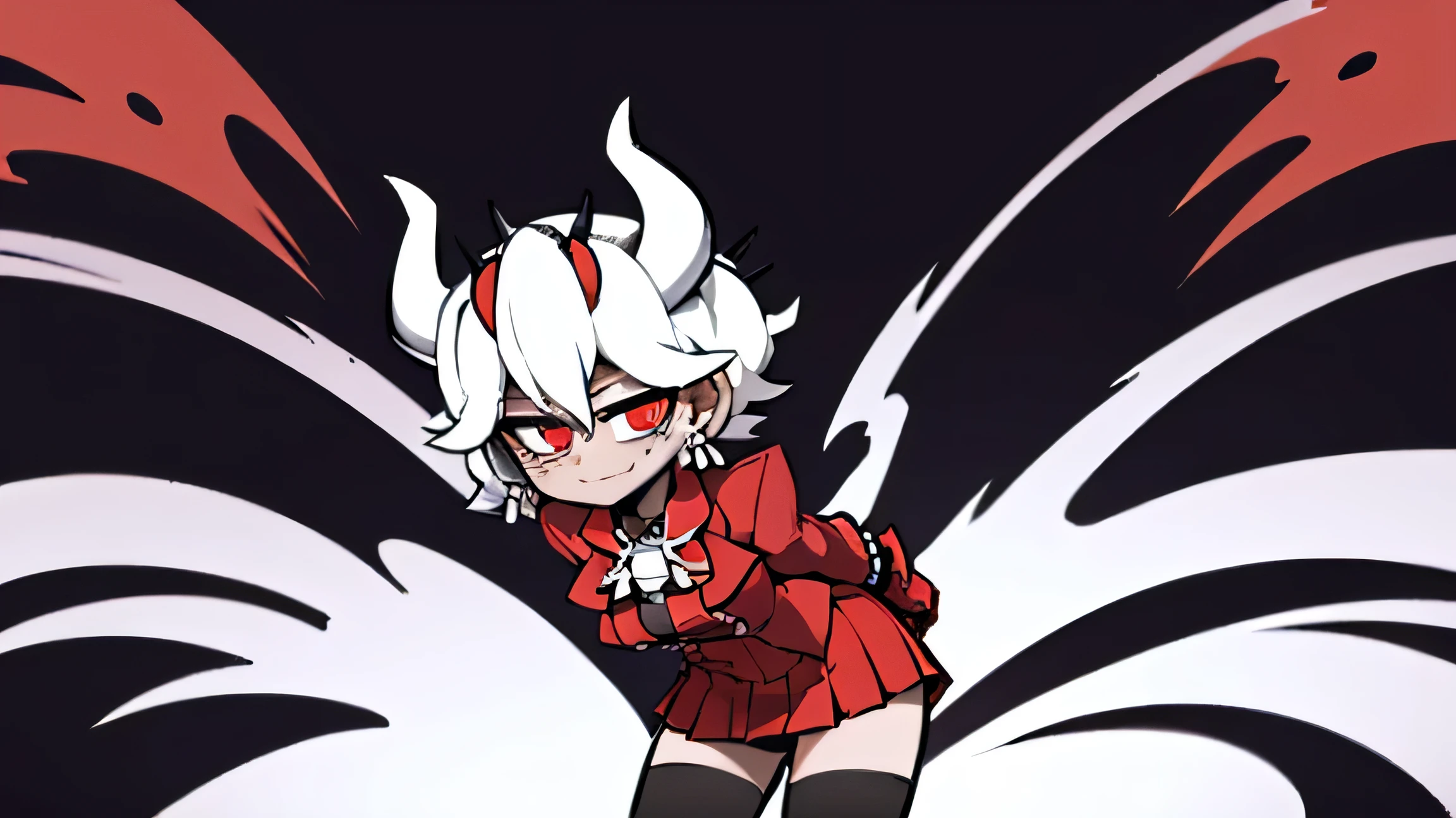 beelzebub(helltaker), red bowtie,1girl, looking at viewer, red eyes, demon horns, white hair, smile, earrings, closed mouth, demon girl, 
red gloves, gloves, jewelry, horns, white horns, solo, hair between eyes, cowboy shot, solo, short hair, school uniform, skirt, standing, leaning forward, arms behind back, smile, classroom