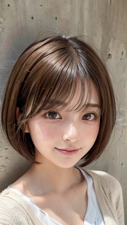 Highest quality, Face Focus, Soft Light, Ultra-high resolution, (Realistic:1.4), RAW Photos,One of the Japan, alone, cute, (pupil, light in your eyes), Beautiful face in every detail, (),(High resolution detail of human skin texture),(Bobcut)、Loose and fluffy hair、freckles、Messy hair、indoor,cardigan、sheer、Small breasts、(Portraiture)、Leaning against the wall、smile、blush