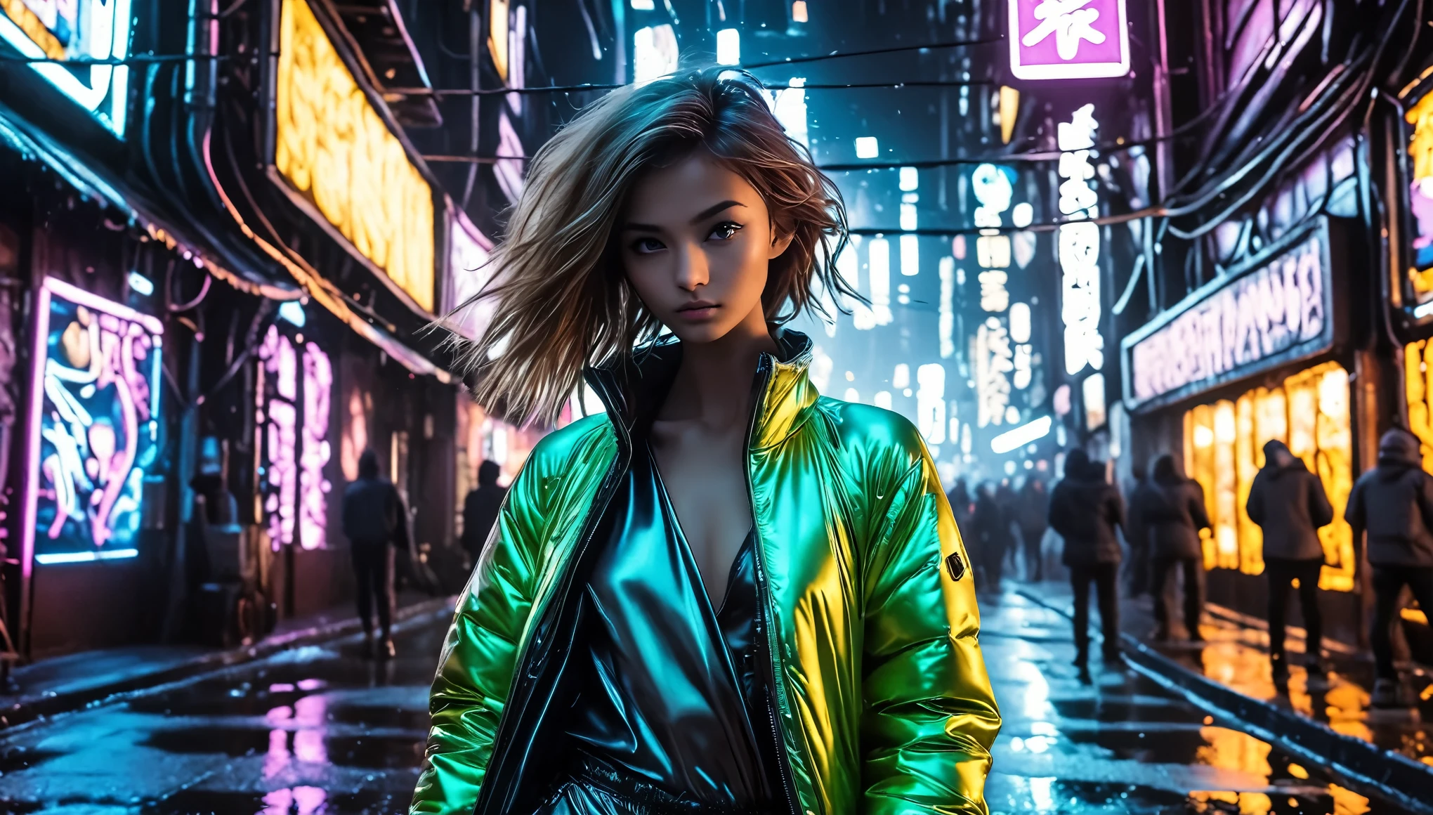 Top Quality, Masterpiece, High Resolution, 8k, wide objective, full body shot, ((cute skinny girl in shiny silky puffer outfit with plunging neckline, low dekollete, wide neckline, deep neckline, long pixie asymmetrical hair, bright neon, cyberpunk, night, dim light only from a lantern)) view from far
