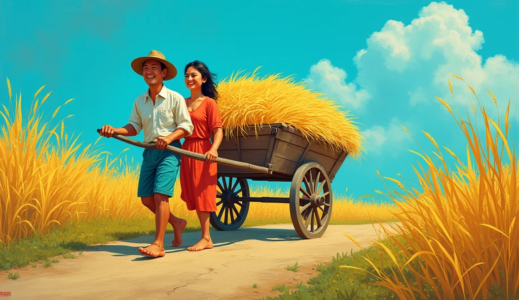 cartoon, a vietnamese man pulling a cart full of rice, a vietnamese woman pushing behind, they go barefoot, on a blue background, in the style of rainbowcore, canvas texture emphasis, paintings, realist detail, flat form