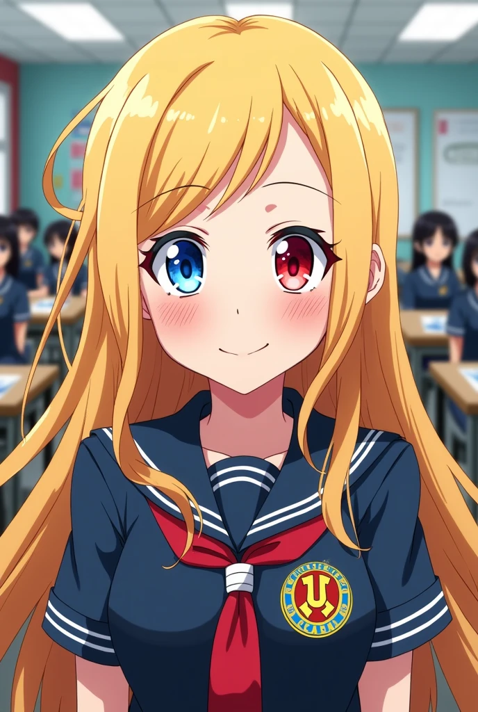 Screenshot of my hero academia.
long hair girl, rubio, straight, with red highlights, and eyes of one color red and the other blue.
has a happy expression. He is wearing the UA uniform and in the background there is a school class and you can see Deku