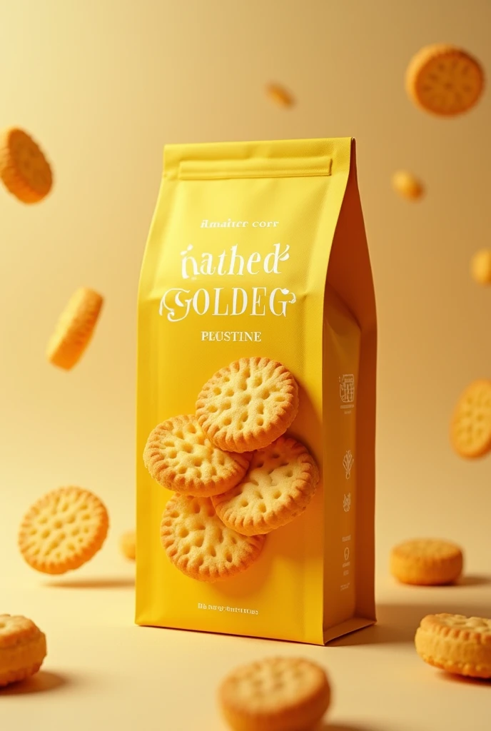 Packaging for Golden Snacks brand corn biscuits that is eye-catching