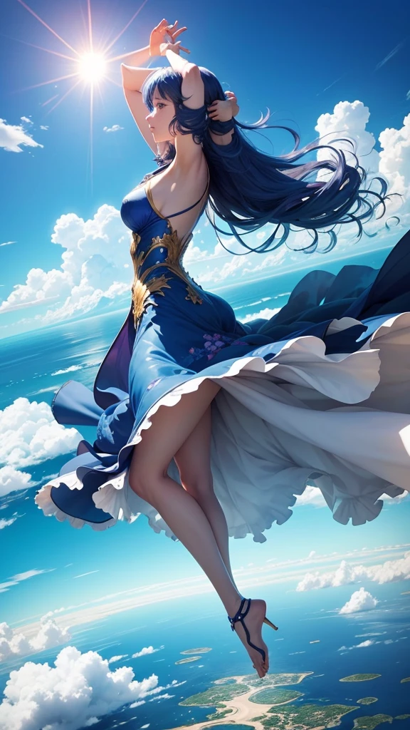 Immerse yourself in a stunning anime-inspired landscape, where a woman with her arms spread wide is falling through a dreamy blue sky. The scene is surrounded only by expansive, fantastical clouds, with the sun shining brightly to create a truly unique and visually captivating experience.