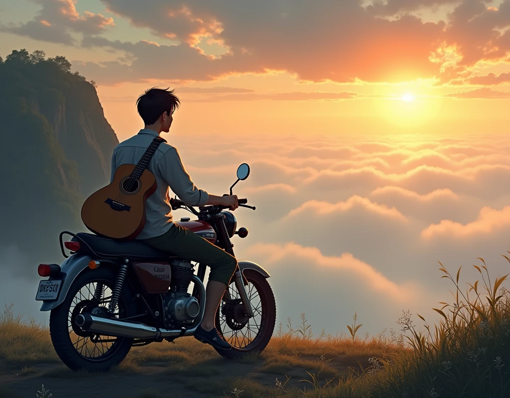 A young Thai man sits sadly on a motorbike, carrying an acoustic guitar, next to a cliff, watching the sunset with a sea of fog, in the style of the Chinese anime The Legend of Tang San.