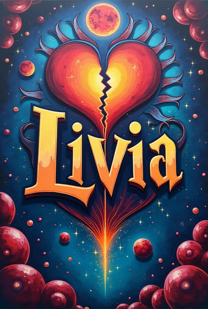 Image of a graffiti with the name Livia something with sun and moon broken heart mandala with some reference to Harry Potter and the happiest et