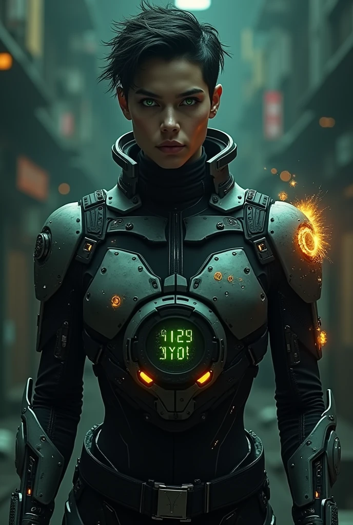 Create an image of the villain Chaos, a technological criminal genius. Ele deve ter o rosto do ator Rami Malek, with bright green or amber eyes and pale skin. Your hair is short and messy, in dark tone. The costume must be black and gray with synthetic materials and luminous panels.. Include technological accessories, such as holographic devices and a mask with a digital display. Add burn marks and circuit symbols to the suit.