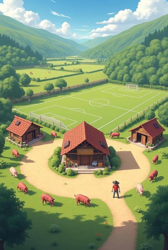 You see, I have a large piece of land where I want to play sports., where the pigs should be on the sides and a cabin in the middle to sell things from there to the two huts