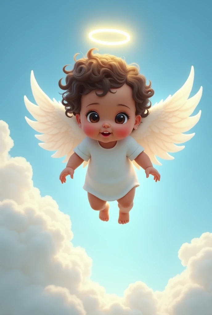 A baby angel with soft white wings, She has a halo floating in a clear blue sky but is on her way to heaven ,with a path to heaven full of white sails , The baby has wavy brown hair, with curls that frame her sweet face Her eyes are expressive and slanted brown with a heavenly glow. His skin color The dark-skinned ,He has a mole on his left cheekbone . The baby is dressed in white. The image radiates a feeling of peace and purity..