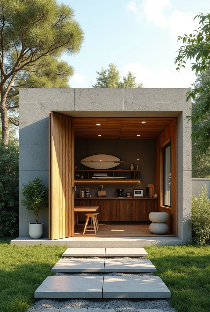 (photorealism:1.2), Picture, high qualitity, realistic exterior design, workshop and surfshop, concrete atelier in the garden, concrete, closed with wooden door, 2 rooms, creating surfboards, joinery projects
