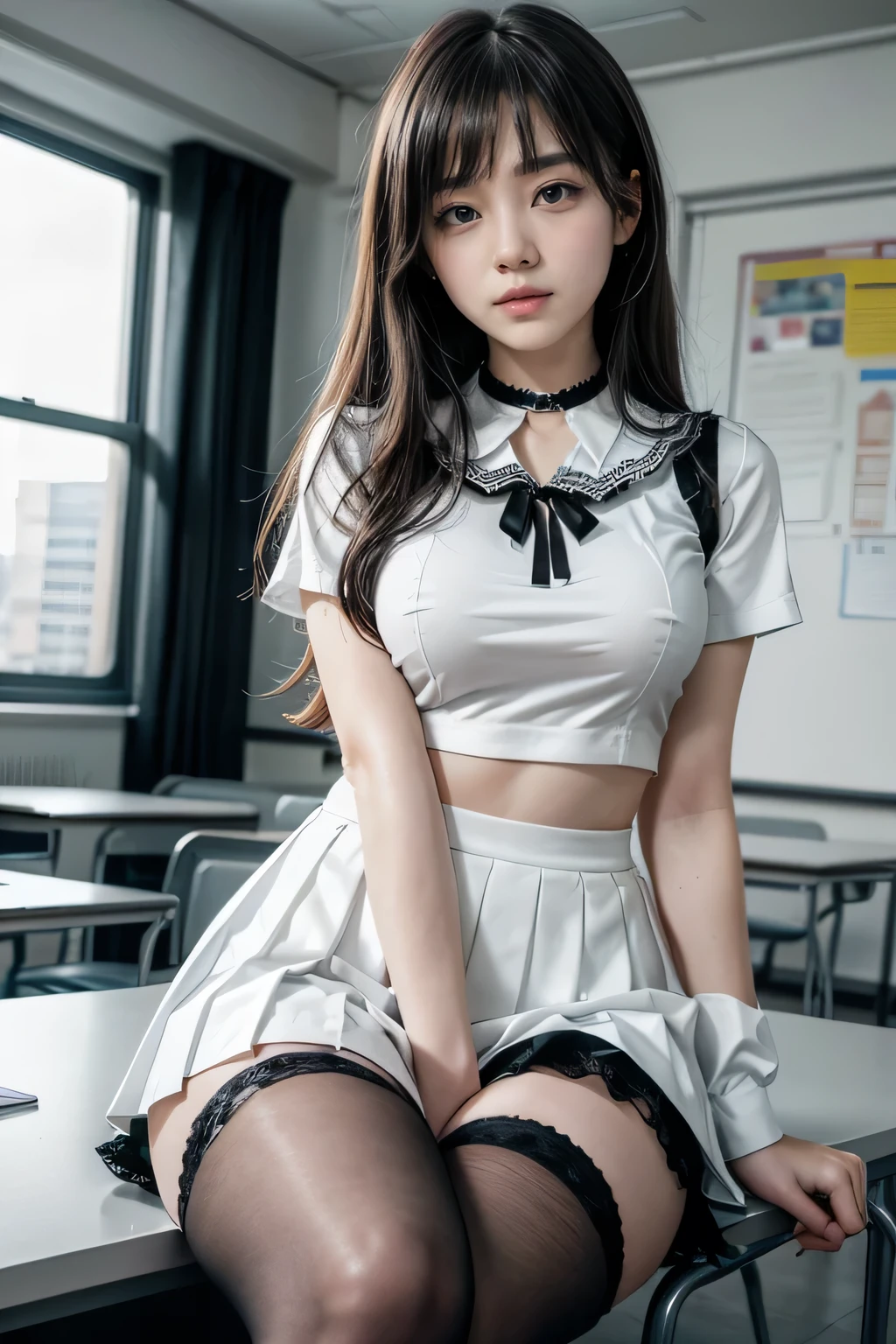 , School girl, white and black uniform, white and black skirt, black lace choker, white lace thigh highs, looking at viewer, class room background, sitting on desk, seductive, dark eyeliner, sexy eyeliner,