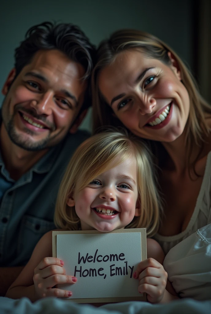 A close-up of the photograph showing a smiling family a pretending happy family with a scary aura 

Emily notices the writing: "Welcome home, Emily." The room begins to darken, the light flickers, and the temperature drops. scary intense 