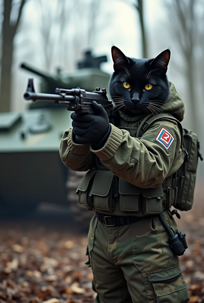 Create a black cat fighting against Ukraine, he is wearing camouflage clothing and has an AK coma in his hand, he is wearing a bulletproof vest with the letters Z in white and he is in a forest with leafless trees with a Russian T80 armored vehicle4k