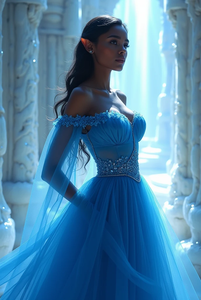 Black woman with cool skin tones, age 25, small, fleshy mouth, amber almond eyes , Oval face, medium sized breasts, upturned button nose, small fairy ears, This is in a crystal palace, wears a beautiful sapphire blue dress that fits her body perfectly 