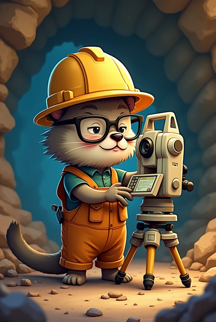 A mole engineer with glasses operating total station cartoon