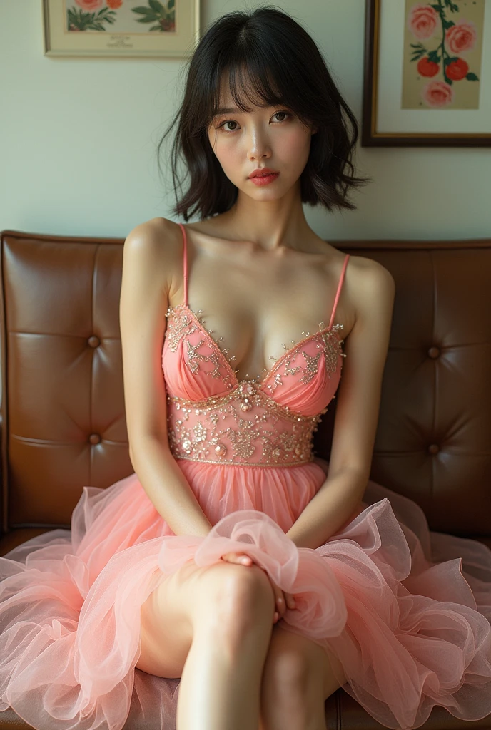 A very beautiful Japanese super idol wearing a flashy dress、Sitting with legs spread、refreshing、Real People