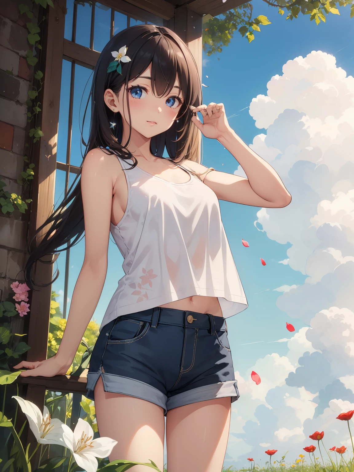 blue sky、1 person、Long-term focus、Configuration with depth、Drinking water in plastic bottles、 Cumulonimbus、Outdoor、alone、Have、(petalが舞う)、Grass is overgrown、leaf、blue sky、petal、Are standing、Tank top shirt、Shorts、Crescent Moon、(shape)、Many flower stars、Highest quality、Beautiful Face、Detailed Description、