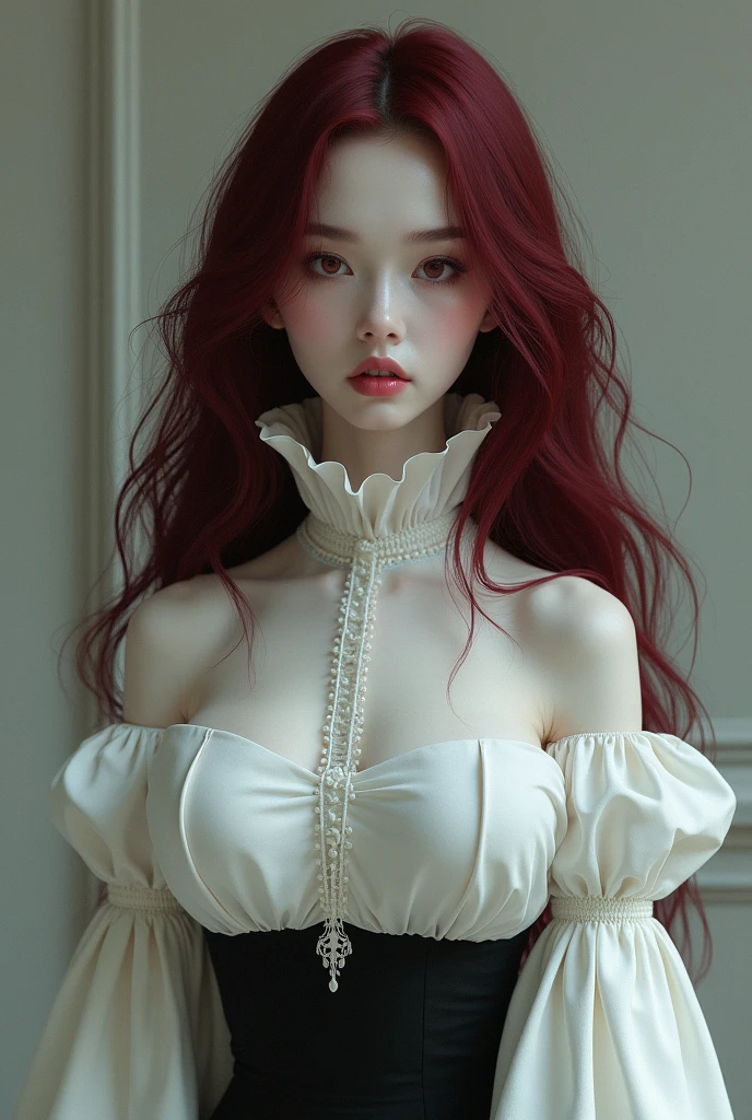 make a pale girl, with red eyes and small beautiful and perfect, He had long, dark red hair, a white women's shirt with a high collar, Exaggerated Ruffle Hem Long and Beautiful Sleeves, a black mid-skirt and big, perfect breasts