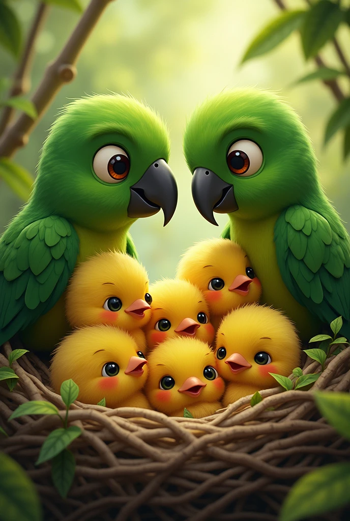 Picture of 4 green chicks and 2 big green parrots the family in the nest