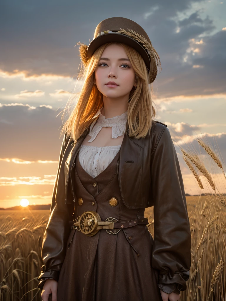 __Cinematic Light__, 1 Girl, 1 female, masterpiece, Perfect Face,steampunk, steampunkのロングスカート,Golden Hair，Steam powered machinery , gear , goggles, Realistic, Realistic characters,gearの刺繡が入ってるロングスカート、

((The background is a wheat and barley field)),The background is a wheat and barley field with a sunset、(masterpiece, Highest quality:1.4), whole body, (Are standing:1.2), Watching the audience, smile, 1, (Medium bob hair),Carl Zeiss 85mmF/1.4、Bokeh ball, Beautiful breasts , (European youth:1),Wearing a hat、

Golden Hair，Blue colored eyes，very cute, (Perfect Eyes:1.1),Beautiful woman, Realistic, Realistic characters、She&#39;s wearing a cute navy blue garter belt.、The garter belt is cute、Showing panties、Panties are bright green with embroidery、lifting up the skirt to show it off、Showing panties、I can see your chest、A crimson bra is visible on the chest、cute chest bra、 Lifting her skirt to show it off,Show the skirt,Show your underwear、 Wearing cute panties、Elegant garter belt、Wearing elegant pantyhose,pantsを見せる、pants、pants、Showing panties