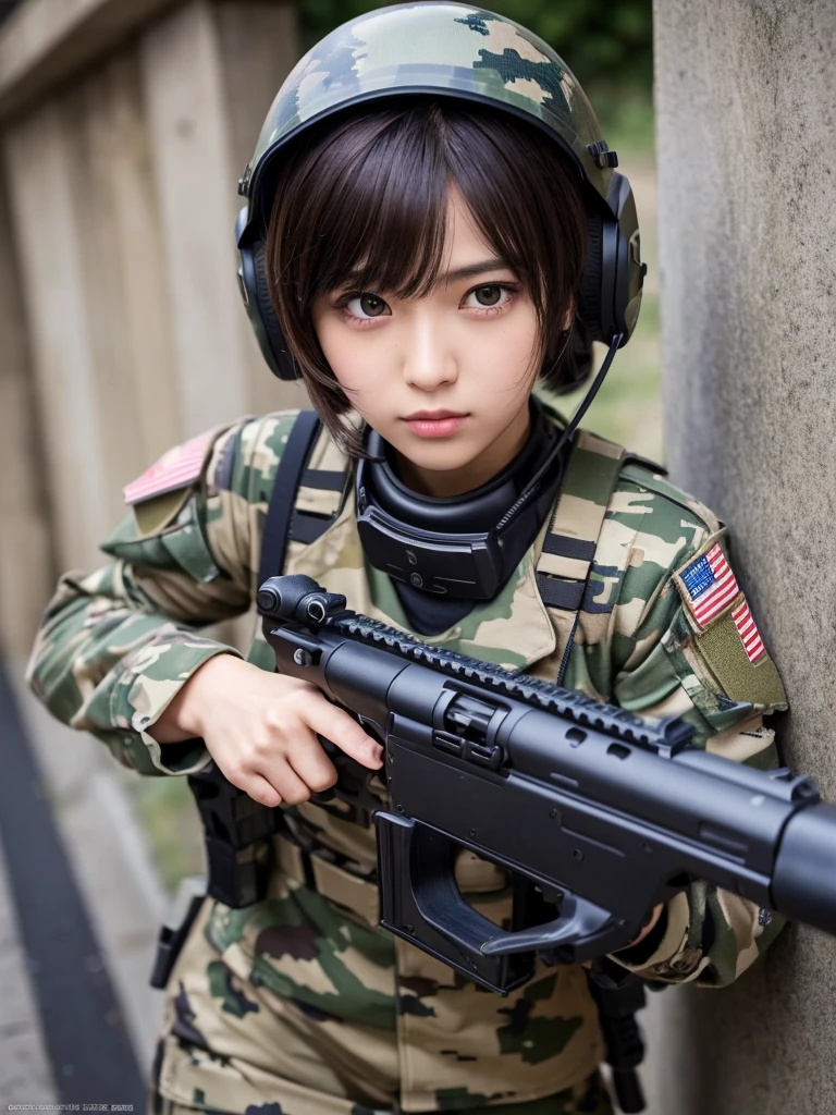 Masterpiece, best quality, ai-generated, camouflage clothing,camouflage  helmet, pleated skirt, Medium chest, A glimpse of thighs,random hair, One eye is hidden by the bangs, perfect proportions, high detail skin, Cute, detailed faces, random sexy pose, precise fingers,panty shot Girl shooting automatic rifle, (muzzle explodes:1.2), (looks into sight), finely drawn automatic rifle, bulletproof suit, (turn towards the viewer), syncs body orientation and gaze, dynamic angle, battle, war,
