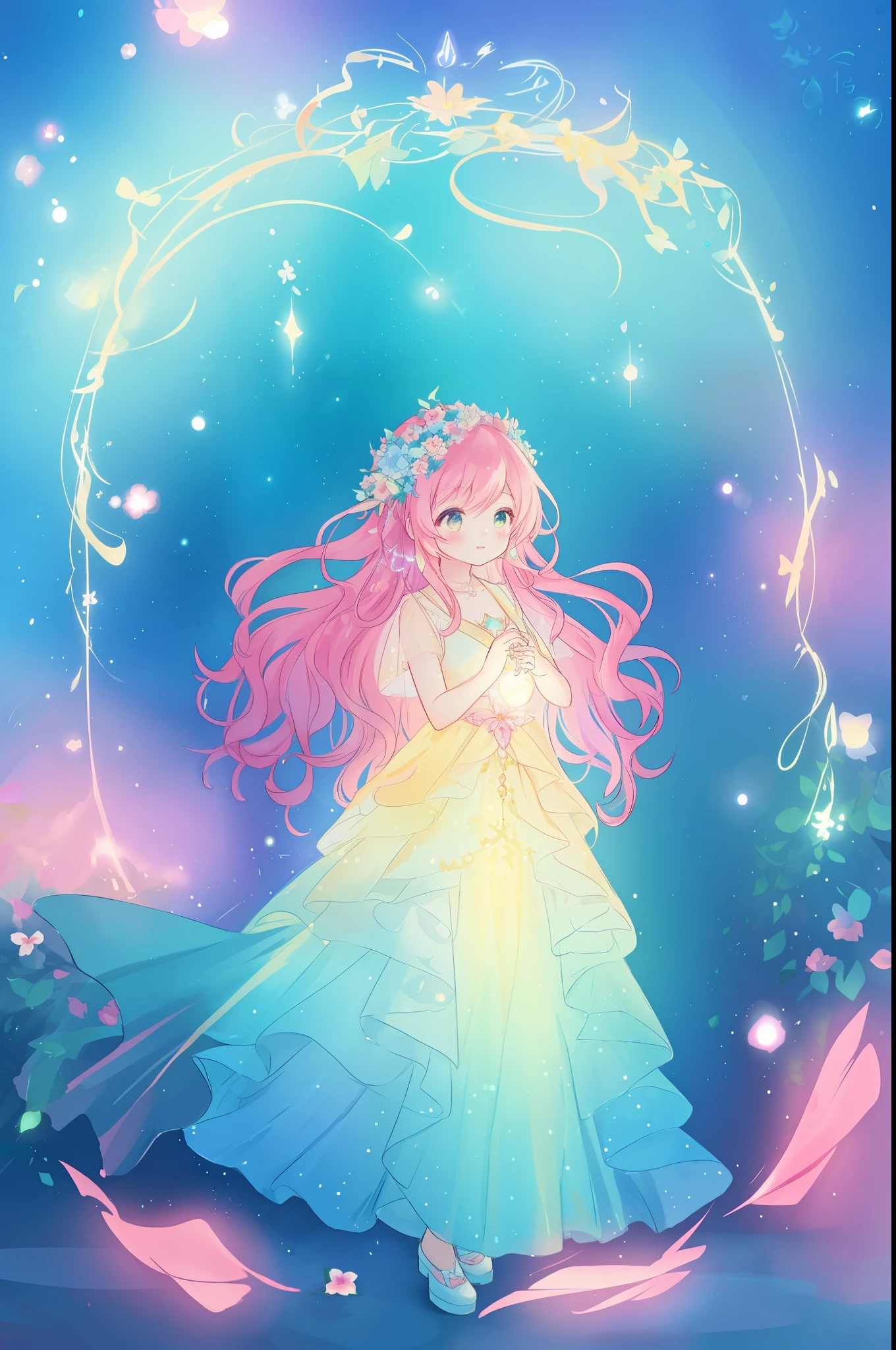 beautiful anime girl in flowing layered ballgown, vibrant pastel colors, (colorful), magical lights, magical flowers, flowers, glowing lights, red pink long wavy hair, sparkling lines of light, inspired by Glen Keane, inspired by Lois van Baarle, disney art style, by Lois van Baarle, glowing aura around her, by Glen Keane, jen bartel, glowing lights! digital painting, flowing glowing hair, glowing flowing hair, beautiful digital illustration, fantasia background, whimsical, magical, fantasy, beautiful face, ((masterpiece, best quality)), intricate details, highly detailed, sharp focus, 8k resolution, sparkling detailed eyes, liquid watercolor