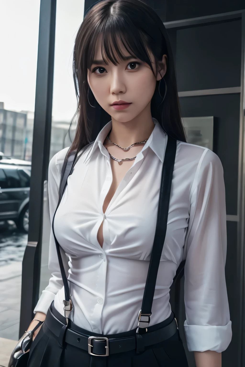 a woman in a suit, belt, hands behind back, sweating, suspenders, black pants, sexly, large breasts, see-through clothing, rain, detective, office worker, white button-up shirt, (best quality,4K,8k,highres,masterpiece:1.2),ultra-detailed,(realistic,photorealistic,photo-realistic:1.37),hyper-detailed,highly detailed face and body, Slender　thin　suspenders　Moderate breasts　See-through shirt　Nipples　holster　chain　Pistol　Armament　criminal　Female criminal　knife
