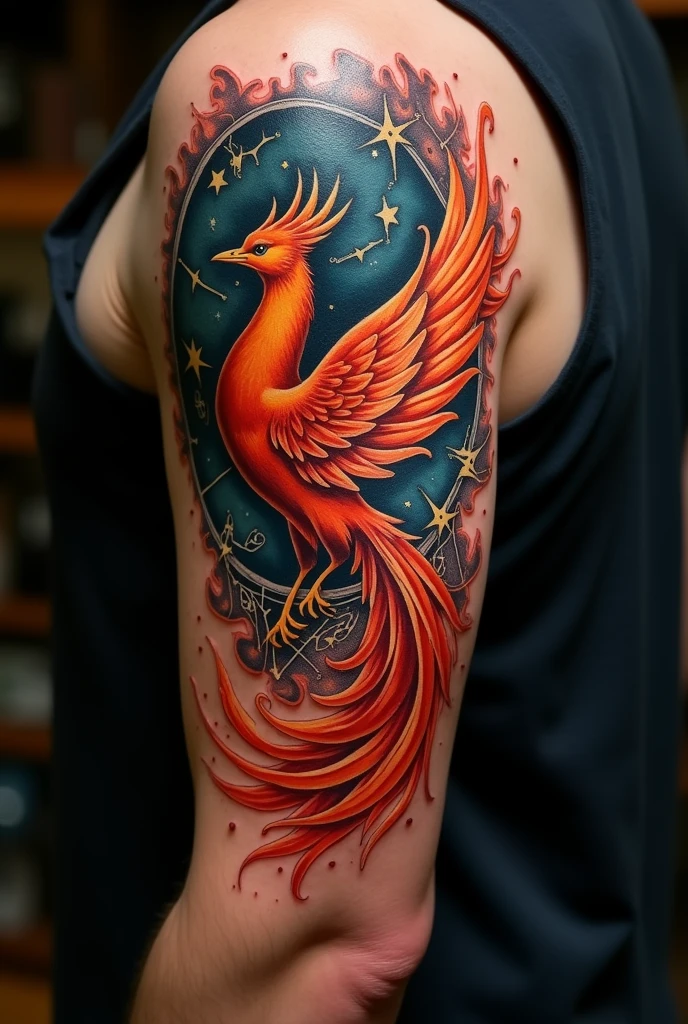 Phoenix reborn in Virgo and its constellation tattoo for man's arm