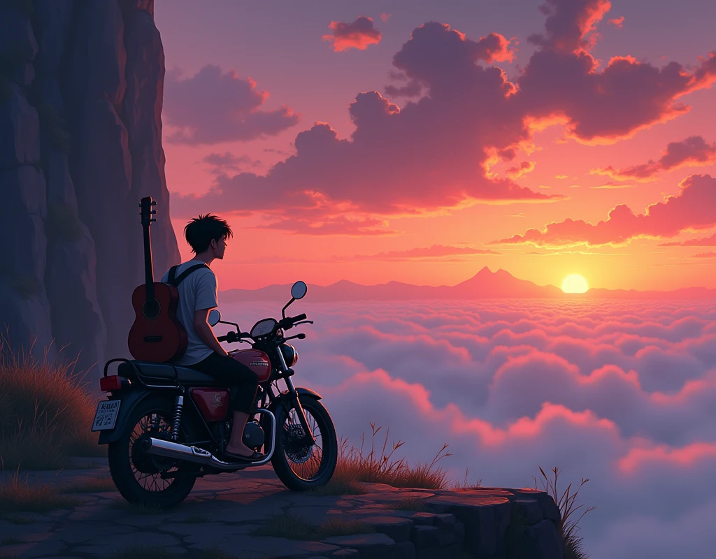 A young Thai man sits sadly on a touring motorcycle, carrying an acoustic guitar, next to a cliff, watching the sunset with a sea of fog, like in the Chinese anime The Legend of Tang San.