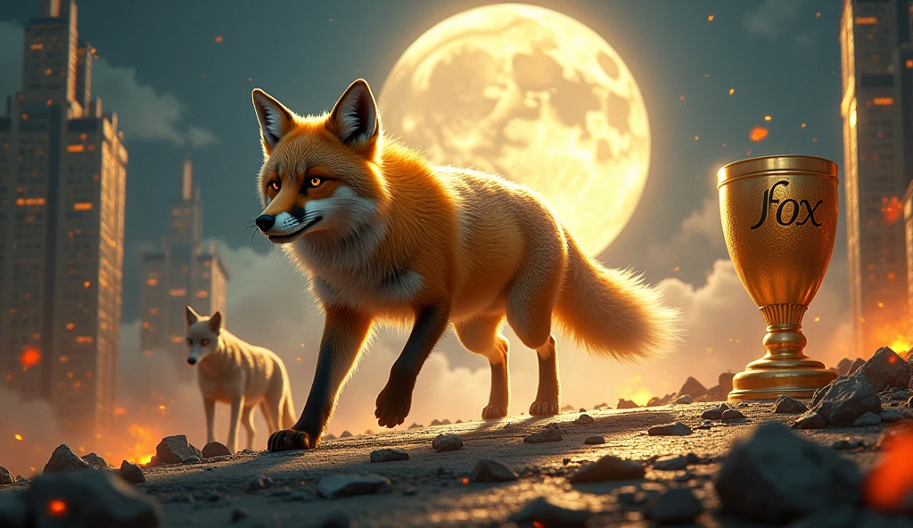 The image for the music *"You know from the front"* can have a powerful concept that emphasizes strength, the confidence and dominance of the fox and the Fox group. Here is an idea for the image:
**Image Description:**
The central scene shows a majestic fox, with a shiny golden or silver coat, moving forward in a determined manner. His eyes are fixed straight ahead, conveying a penetrating and relentless gaze. She is in a night scene, with the full moon illuminating the background, highlighting his imposing figure.
Behind the fox, there is a pack of wolves on the retreat, in dark shadows, almost invisible, symbolizing the defeat and failure of their opponents. The fox walks on a path paved with fragments of broken walls, symbolizing the obstacles she overcame and left behind.
As the fox advances, the ground beneath her transforms into a futuristic urban landscape, with tall buildings and bright lights, representing the sucesso e o poder alcançado. In one of the tallest buildings, there is a large golden cup with the name "Fox" engraved, symbolizing the victory and immortalized legacy of the group.
Around the fox, digital elements float in the air, representing the "virtual" who observes and recognizes the spectacle, mens, Ao fundo, clouds of smoke and debris dissipate, representing the destruction of the rival group.
**Paleta de cores:** Metallic tones (doradas, Plata), dark blue for the night scene, red for the details, and touches of neon to represent the future and digital power.
This image would perfectly capture the challenging and winning spirit of the song. *"You know from the front"*, highlighting Fox's superiority and determination.