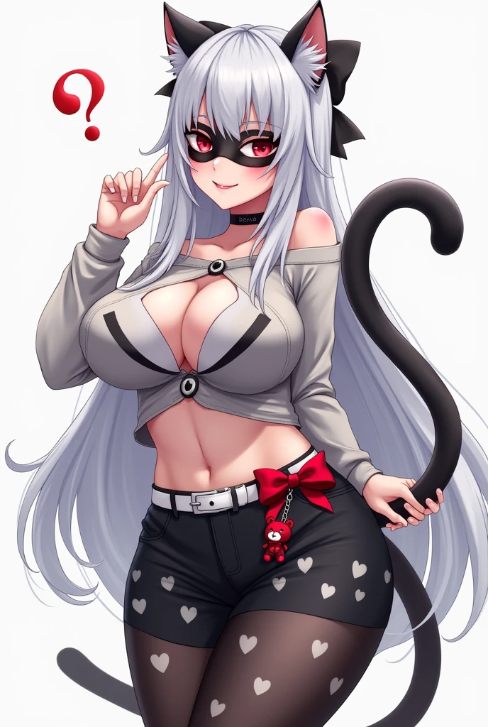 20-year-old adult anime girl with big tits and big ass who is beautiful and flirtatious with long white hair with a black bow in the back, a question mark next to the head, a long-sleeved top and black pants with white hearts, a short black skirt with a white belt and a crimson teddy bear keychain, a panther tail with a red bow at the tip, cute little panther ears , to wear a black mask , that has red eyes with the pants socks torn from the heart