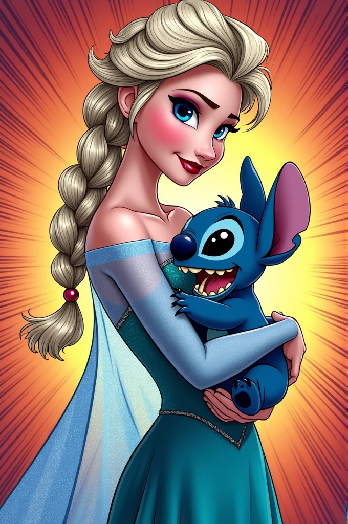 Elsa carrying Stitch And they are posing for a photo, the two of them, complete from head to toe, facing each other in comics 
