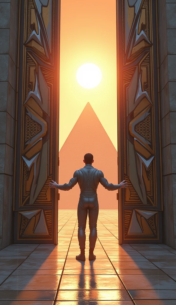 Un homme avec des vêtements futuristes pousse des deux mains des portes futuristes et décoré avec des motifs géométriques et face à lui une pyramide et au dessus le soleil. 